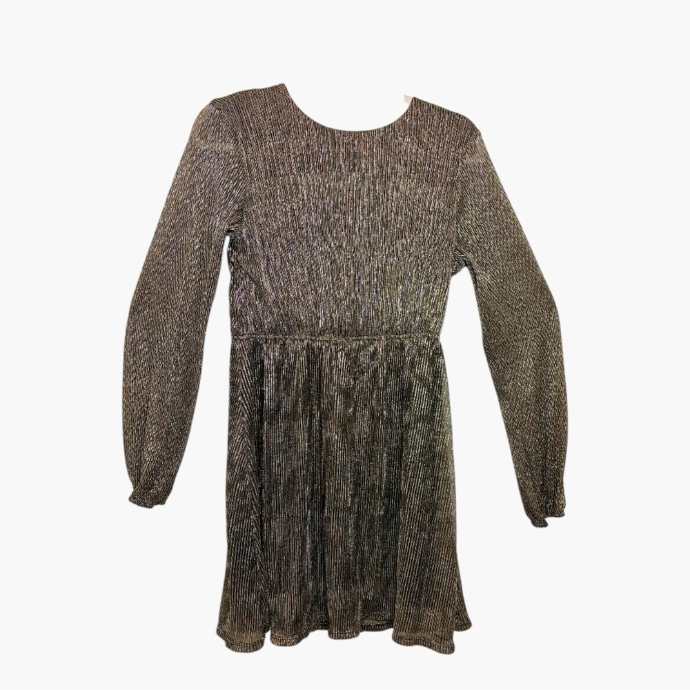 Gold Metallic Ruched Waist Long Sleeve Party Mini Dress Shimmer Small